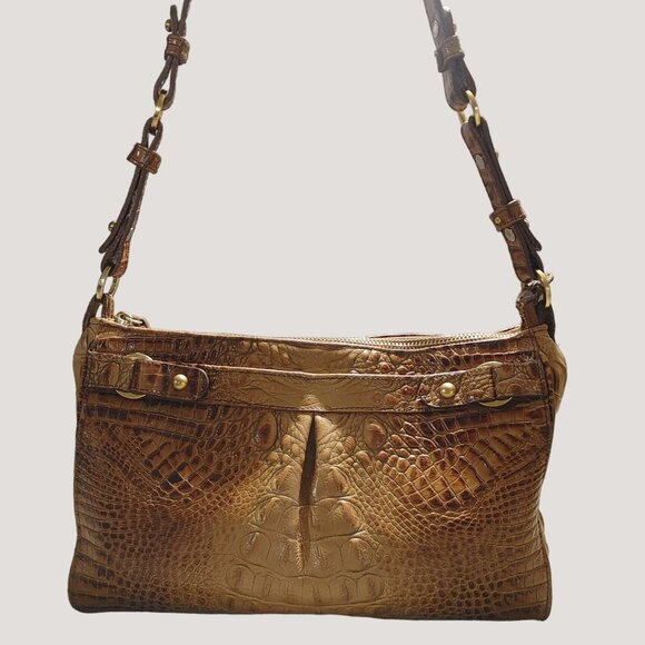 Brahmin Brown Tan Gold Leather Shoulder Bag Alligator Crocodile Embossed Zip - Picture 1 of 15